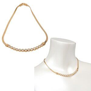 Vintage Swarovski Crystal Gold Plated Necklace Collar Choker Flat Snake Chain